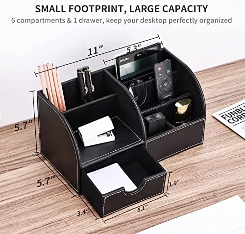 KINGFOM Pu Leather Desk Organizer Pen Pencil Holder Office Supplies Caddy Storage Box 6 Compartments with Drawer Black (Full Pu Leather) - Image 5
