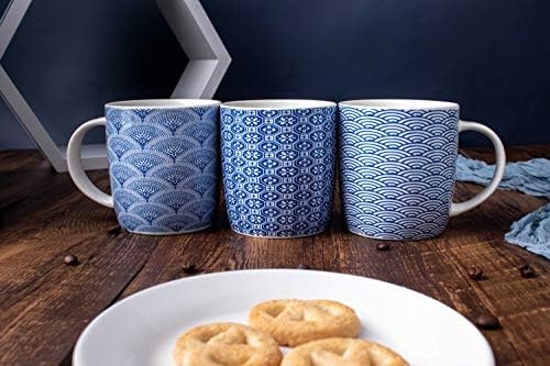 Set of 6 11.5 oz Coffee Mugs with Blue and White Geometric Patterns, Ceramic Tea Cup Set - Image 4