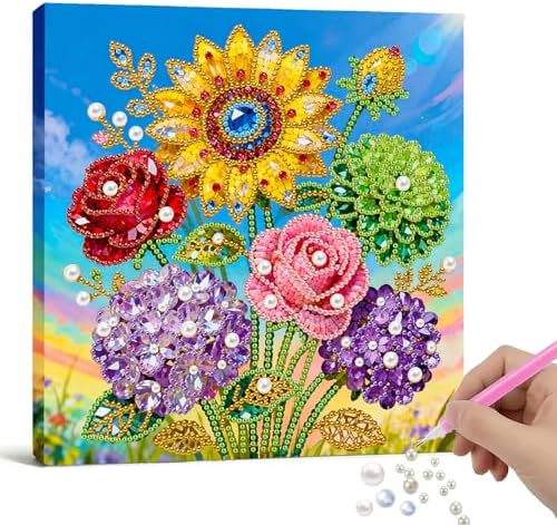 Xylzzuit Pearl Painting Kit with Frame 9.84x9.84IN Colorful DIY Gemstone Pearls Beads Art Craft for Adults Home Desktop Wall Decor (Flower02) by Xylzzuit