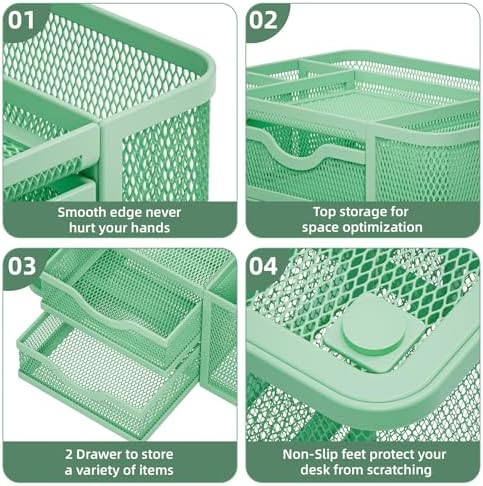 Marbrasse Mesh Desk Organizer, Pen Organizer with 2 Drawer, Multi-Functional Pencil Holder, Desk Organizers and Accessories with 5 Compartments + Drawer for Office Art Supplies (Green) - Image 6