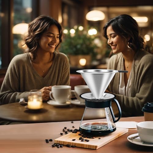 Large Size Pour Over Coffee Dripper, Stainless Steel Coffee Filter, Paperless Reusable Coffee Filter, Double Micromesh 600 Mesh Strainer Coffee Maker with Heat-Resistant Silicone Handle & Base - Image 7