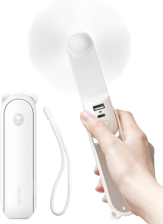 JISULIFE Handheld Fan with 4500 mAh Powerbank Max 37 Hours Runtime, Pocket Portable Battery Operated or USB Powered Folding Personal Fan, 3 Speeds, Gifts for Women Men Kids Gift for Festival-White