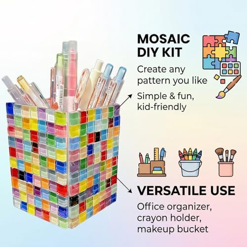 Mosaic Pen Holder Kit, DIY Acrylic Tile Craft Set Creates Desk Organizer, Mixed Color Crystal Pieces for Adults Beginners Home Decor - Image 3