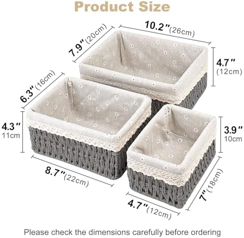 Wicker Storage Baskets 3-Pack Set, Hand-Woven Paper Rope Rattan Bins with Removable Liner, Multi-Size Organizer Baskets for Pantry, Countertop, Bedroom, Bathroom, Shelves (Grey, L+M+S) - Image 2