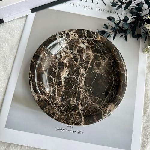 Natural Marble Tray, Dark Brown Round Marble Vanity Tray, Luxury Decorative Jewelry Dish, Non-Slip Countertop Storage Tray for Bathroom Dresser Entryway Coffee Table Home Decor by Unknown