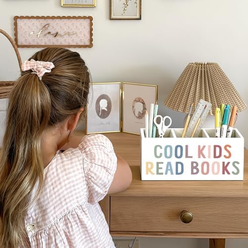 Book Lovers Gifts Pen Holder, Book Reader Gifts Pencil Holder for Desk, Boho Cool Kids Read Books Wooden Box Sign Decorations for Reading Room Corner Nook Classroom Desk Tabletop - Image 4