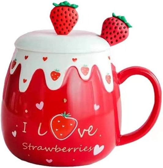 Coffee Mug Cups Ceramic Tea Cup Fruits Strawberry Shaped Handmade Cute Mugs With Lid Spoon Handle Office Home Hot Ice Chocolate Milk Mugs Gift Microwave Dishwasher Safe Travel Mugs (Strawberry)