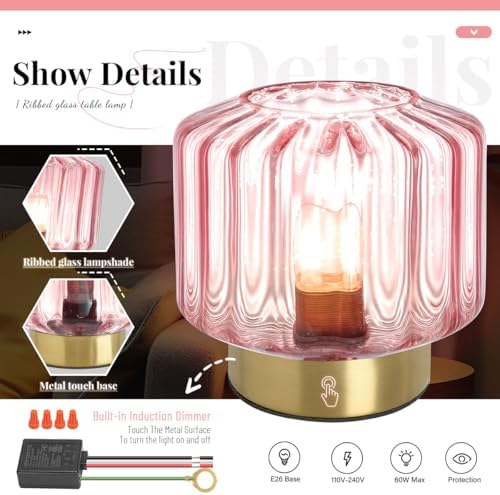 Small Touch Table Lamp for Bedside, Pink Glass Table Lamps with Gold Metal Base, Mid Century Modern Lamps Mini Table Lamp nightstand lamp Globe Desk lamp for Bedroom Living Room Office - Image 5