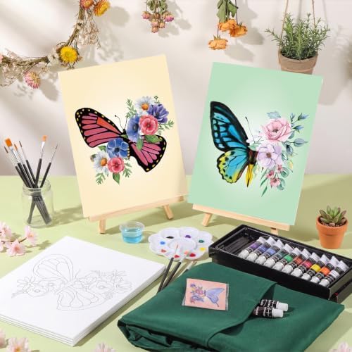 Cholemy 6 Set Paint and Sip Kit for Adults 8"x 10" Pre Drawn Canvas Painting with Wooden Easel Acrylic Paint Wash Cup Brushes Palette Apron for Painting DIY Adult's Date Party Supplies (Butterfly) - Image 5