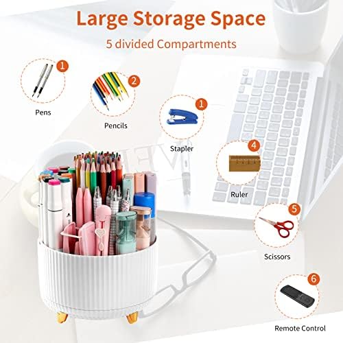 Desk Pencil Pen Holder, 5 Slots 360°Degree Rotating Pen Organizers for Desk, Desktop Storage Stationery Supplies Organizer, Cute Pencil Cup Pot for Office, School, Home, Art Supply, White - Image 3