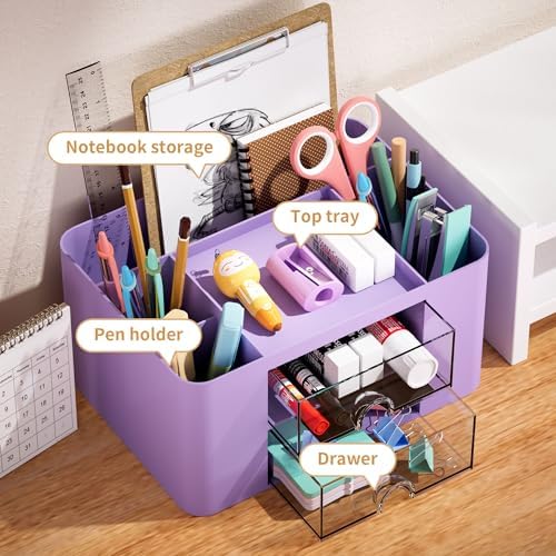 Marbrasse Pen Organizer with 2 Drawer, Multi-Functional Pencil Holder for Desk, Desk Organizers and Accessories with 5 Compartments + Drawer for Office Art Supplies (Purple) - Image 2
