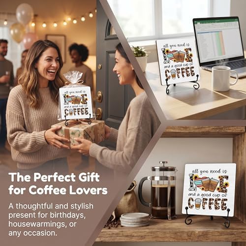 Coffee Bar Sign, All You Need Is Love and a Good Cup Quote Sign, 5x5 Wood Plaque with Iron Stand, Kitchen Cafe Tabletop Decor – A06 - Image 6