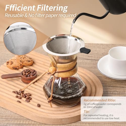 Pour Over Coffee Maker 14 OZ, 4 Cup Borosilicate Glass Drip Coffee Maker with Reusable Stainless Steel Filter and Cork Grip for Home Café 400 ML (Diamond Shape) - Image 5