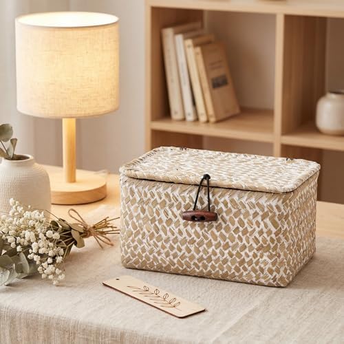 Hipiwe Wicker Shelf Basket Box Mini Seagrass Baskets with Lid,6.1"x4"x3.3" - Image 4