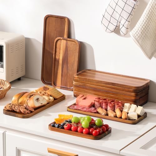 Acacia Wood Serving Platters and Trays - 14" x 5.5" Wooden Mini Charcuterie Boards, Small Cheese Board, Rectangle Wooden Tray for Kitchen Counter, Bathroom, Home Decor, Party (6, 14"X5.5") - Image 2