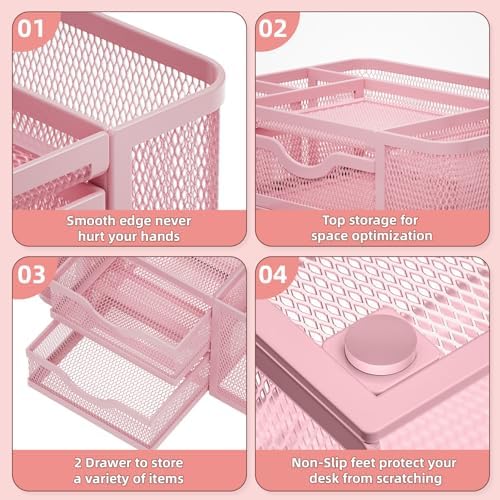 Marbrasse Mesh Desk Organizer, Pen Organizer with 2 Drawer, Multi-Functional Pencil Holder, Desk Organizers and Accessories with 5 Compartments + Drawer for Office Art Supplies (Pink) - Image 5