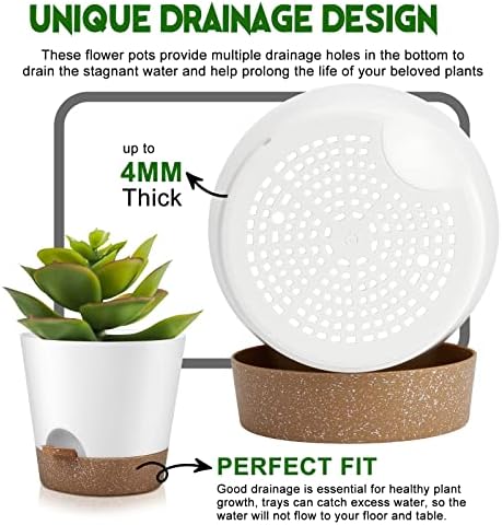 YNNICO Indoor Outdoor Plant Pots- Self Watering Planters with Drainage Holes and Saucers, 9,8, 7.5 Inches, 3 Pots (Snow) - Image 3