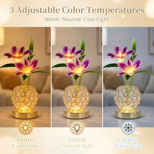 Stargazer Lily Flowers Table Lamp, Rechargeable Cordless Touch Crystal Lamp with 3 Color Modes, Easter Lily Night Light for Bedroom Kitchen Office Decor, Birthday Mothers Day Gifts for Women Mom - Image 3