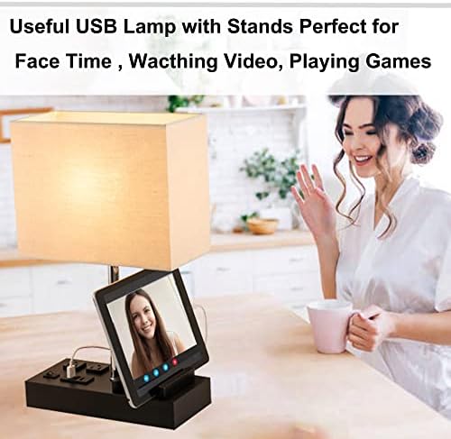 Briever USB Table Lamp, Multi-Functional Desk Lamp with 2 AC Outlets, Bedside Lamp with 3 USB Charging Ports and Wooden Phone Stands, Nightstand Lamp for Bedroom, Livingroom, Office, Linen Shade - Image 3
