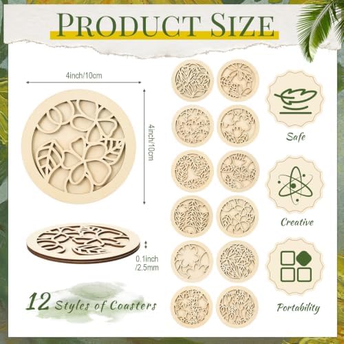 Reallnaive Wood Coasters Painting Kit DIY Craft, 12 Pcs, Floral - Image 2