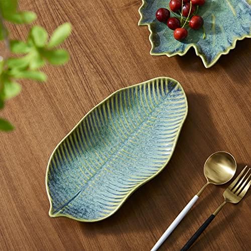 11" Green Ceramic Leaf Decorative Tray, Reactive Glaze Stoneware - Image 5