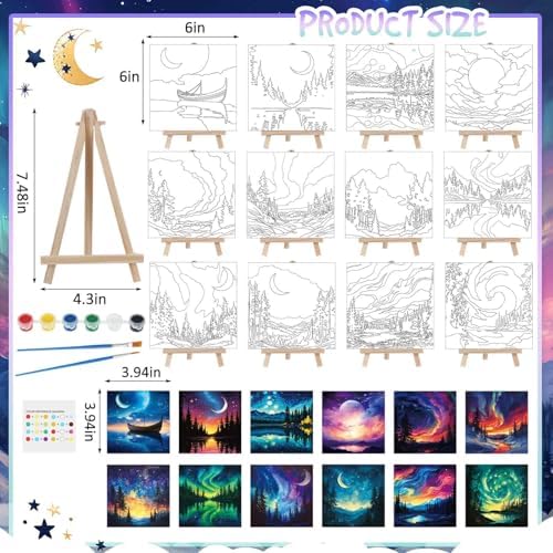 Tenceur 12 Sets Pre Drawn Canvas to Paint Adult Stretched Coloring Painting Canvas Panels with Design Easel and Brushes for Party Supplies Beginner Favor(Starry Aurora) - Image 2