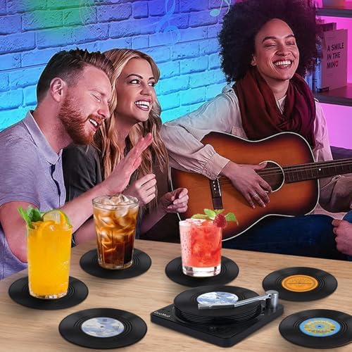 Funny Retro Record Coasters for Drinks with Vinyl Player Holder - Set of 6 Coaster White Elephant Gifts for Music Lovers, Conversation Piece Sayings,Housewarming Hostess Wedding Registry Gift Ideas - Image 5