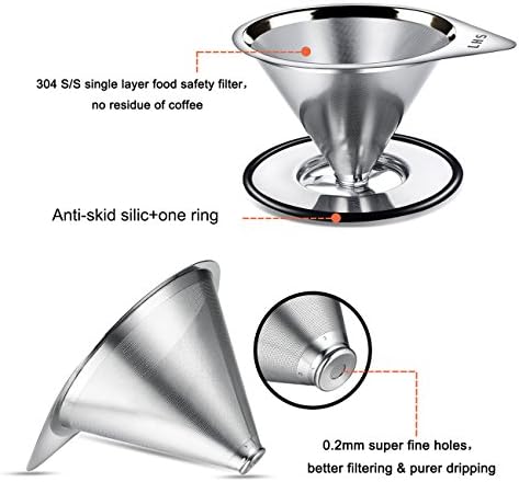 LHS Pour Over Coffee Dripper Stainless Steel Coffee Filter Metal Cone Filter Paperless Reusable Coffee Filter Single Cup Coffee Maker 1-4 Cup With Non-slip Cup Stand and Cleaning Brush - Image 5