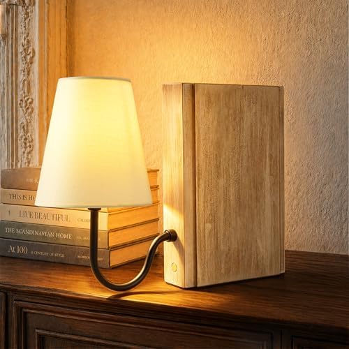 AELS Solid Wood Bookshelf Lamp with Bulb, 3-Color Touch Control Dimmable Table Lamp with Linen Shade, Modern Decorative Bookend Lamp for Bedroom, Office & Bookshelf Decor, Natural by AELS