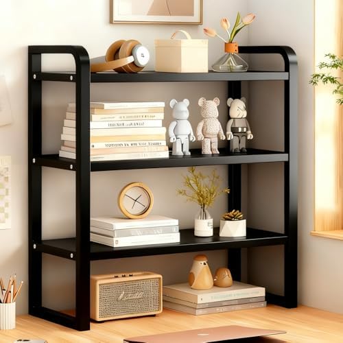 Office Desk Shelf Organizer, Wood Desktop Bookshelf Supplies Storage Rack, Shelf for Top of Desk and Dresser and Cubicle Decor Aesthetic Bookshelf (Black Black-three Tier, 11.81 Lx7.87 Wx22.05 H) by Janebert
