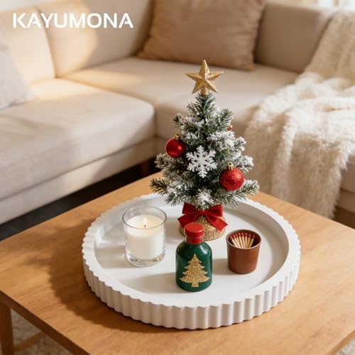 Modern Decorative Tray for Coffee Table, 11" Wooden White Round Small Decor Tray for Candle, Perfume, Vanity, Kitchen Island Counter & Table Centerpiece - Image 2