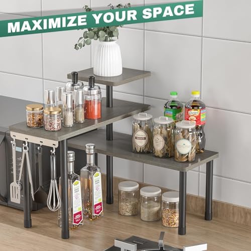 ZHWS Kitchen Countertop Organizer, Bathroom Counter Organizer, Adjustable 3 Tier Corner Shelf with 4 Metal Hooks for Counter Organize, Spice Rack, Makeups, Coffee Station Bookshelf (Rustic Grey) - Image 6
