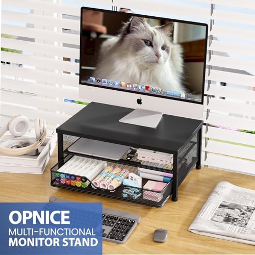 OPNICE Computer Monitor Stand Riser, Desk Organizer with Drawer, Printer & Laptop Stand, Office Desk Accessories & Workspace Desktop Organizers Storage for Office Supplies(Black 2-Pack) - Image 2