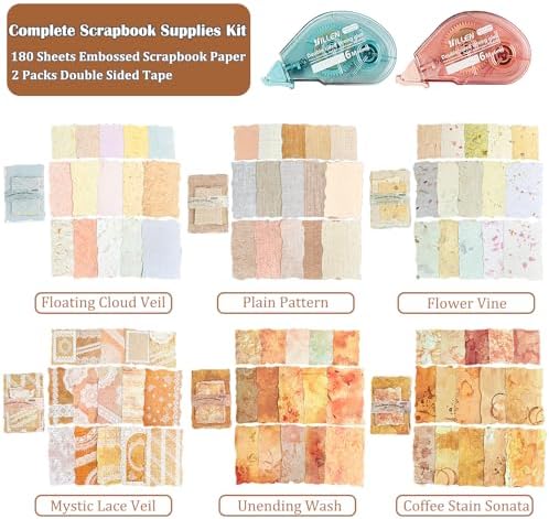 Flartmo 180 Sheets Embossed Textured Scrapbook Paper with 2 Double Sided Tapes, 6 Packs Scrapbook Supplies Kit for Scrapbooking, Junk Journal, Card Making Supplies, Planner, Collage - Image 2