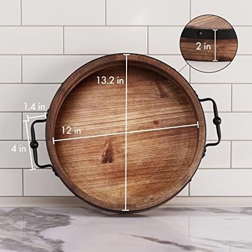 Round Coffee Table Tray|13'' Farmhouse Wood Serving Tray with Metal Handles - Image 6