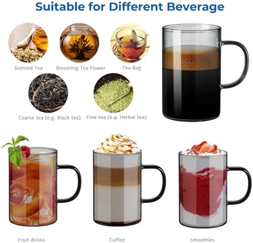 ecooe 4pcs Set Black Borosilicate Glass Coffee Mugs Set with Black Stainless Steel Spoons, 16oz Large Clear Glasses Coffee Cups with Anti Scald Handle for Hot/Cold Tea, Cappuccino 430ml (Use Capacity) - Image 3