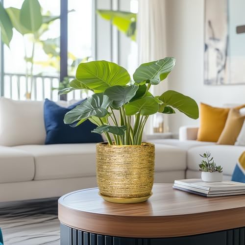Ceramic Plant Pot 7 Inch - Ceramic Planter for Indoor Outdoor Plants, Round Modern Flower Pot with Drainage Hole and Saucer, Housewarming Gifts, House Patio Office Home Decor, Gold - Image 2