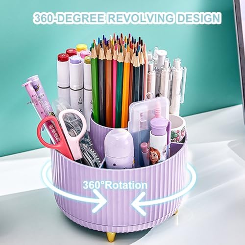 Cayxenful Pencil Holder For Desk,5 Slots 360°Degree Rotating Desk Organizers And Accessories,Desktop Storage Stationery Supplies Organizer, Cute Pencil Cup Pot For Office, School, Home (I-Purple) - Image 3