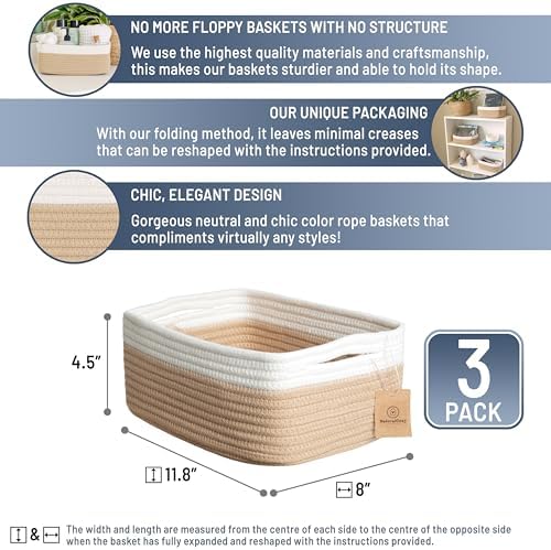 NaturalCozy 11.8"x8"x4.5” Storage Baskets for Shelves 3 Pack | Cotton Rope Woven Small Baskets for Organizing | Small Storage Bins for Nursery, Bathroom, Closet, Cube Shelf, Decorative, Gift Basket - Image 2