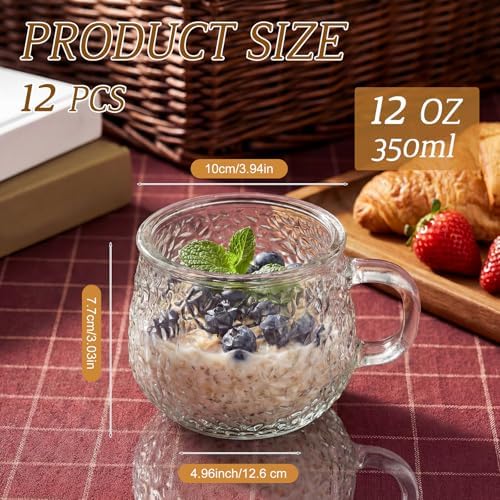 12 Pack Glass Coffee Mugs with Handles, 12 Ounces Glass Breakfast Mugs Bulk, Clear Tea Cups for Hot/cold Drinks, Glassware Set for Americano, Latte, Cappuccino(Retro) - Image 2