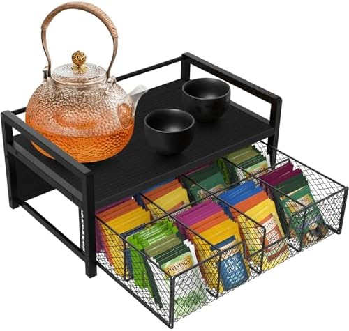 Homode Wood Tea Bag Organizer, Teabag Holder with Drawer, Tea Organizers and Storage Box, 8 Compartments Tea Caddy Station Chests Display Container for Counter Kitchen, Black by Homode