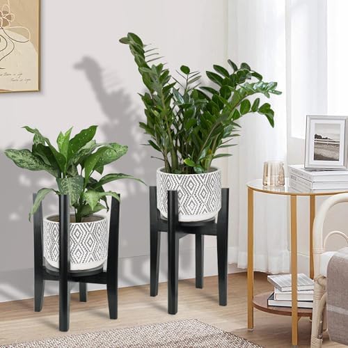 2 Packs Adjustable Plant Stand with Tray,Indoor Wood Plant Stand Fit 8'' to 12'' Planter,Mid Century Modern Flower Pot Holder Rack(Plant and Pot Not Included) Black - Image 6