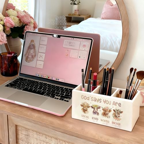 Highland Cow Christian Pen Pencil Holder for Desk, Christian Gifts for Women, God Says You Are Bible Verse Western Highland Cow Wooden Box Sign Decorations for Home Office Desk Tabletop - Image 5