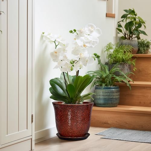10 Inch Plant Pot - Ceramic Pots for Plants with Drainage Hole and Saucer, Round Flower Pot for Indoor Outdoor, Modern Ceramic Planter, Garden Room Home Decor, House Warming Gifts, Red - Image 6