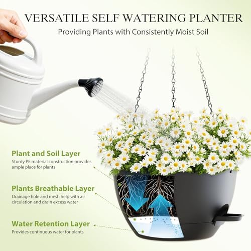 10 Inch Hanging Baskets 2 PC with Chains, Self-Watering Hanging Planters for Indoor Outdoor Plants, Plastic Hanging Flower Pots,Black - Image 4