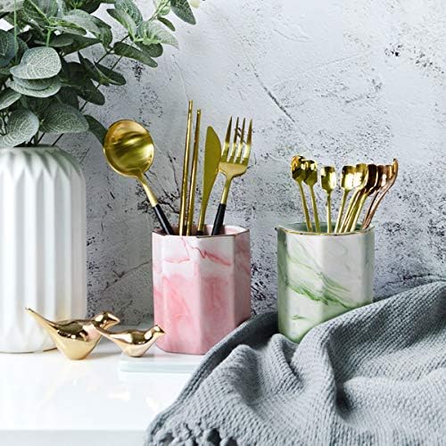 Pencil Holder, Pencil Cup for Desk, Makeup Brush Holder Cup, Cute Pencil Stand Marble Decorative for Kids Durable Ceramic Desk Organizer for Office, Classroom, Home, Antique Green Marble - Image 4