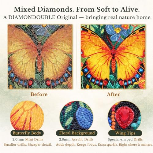 DIAMONDOUBLE Premium Butterfly Diamond Art Kits for Adults, 12x16 5D Full Drill Diamond Painting on Velvet Canvas with Mixed Acrylic Round, Mini & Special Shape Diamonds, Colorful 3D Paint by Diamonds - Image 3