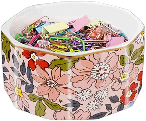 Ceramic Paper Clip Holder Gold Line Paper Clip Dispenser Organizer for Desk Cute Floral Pattern Office Binder Clip Holder Bobby Pin and Hair Clip Holder Gift for Office Pink Flowers by LEAZUL