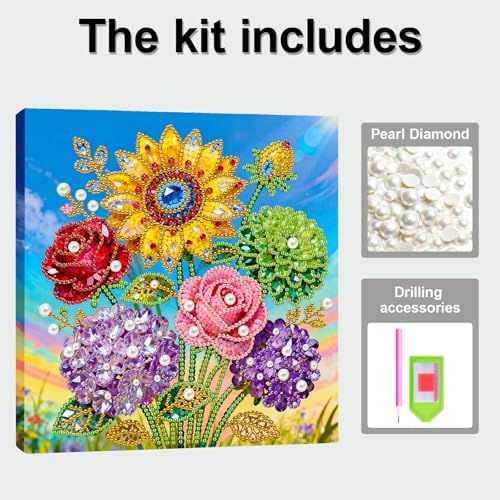 ARTopet DIY Pearl Painting Kit with Frame Gemstone Pearl Diamond Dots Beads Canvas Art Craft for Adult Beginners Display for Tabletop and Wall Mounting Home Decor-Flowers - Image 3