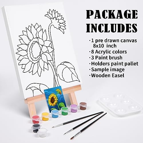 VOCHIC Paint and Sip kit Pre Drawn Canvas Painting Kit for Adults Kids, Canvas Painting Party Supplies Kit with Picture to Paint 1 Easel, 8 Acrylic Colors,3 Brush,1 Pallet Sunflower Art Set (8x10) - Image 6
